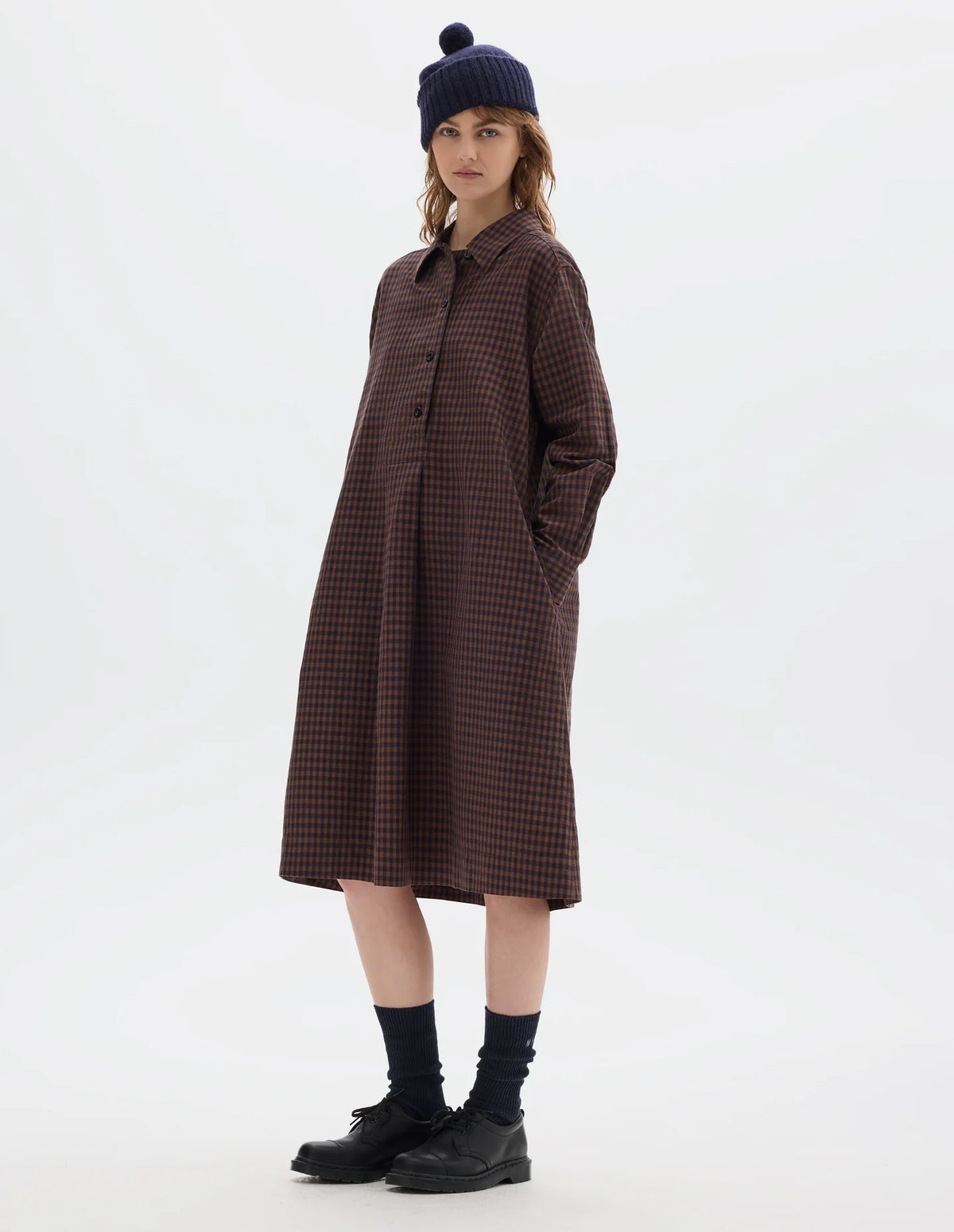 OFFSET PLACKET DRESS - GINGHAM CHESTNUT / INK