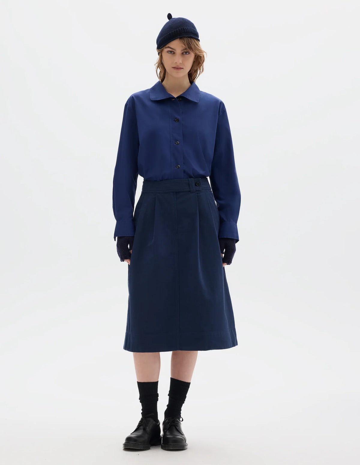 DOUBLE PLEAT SKIRT YARN DYE COTTON DRILL - INDIGO BLUE