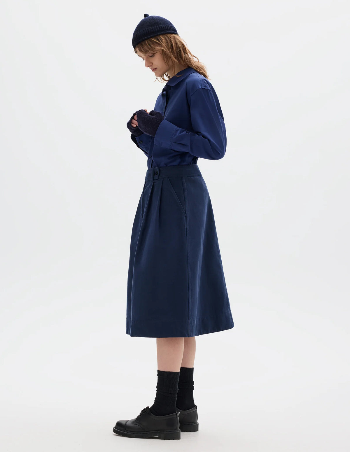 DOUBLE PLEAT SKIRT YARN DYE COTTON DRILL - INDIGO BLUE