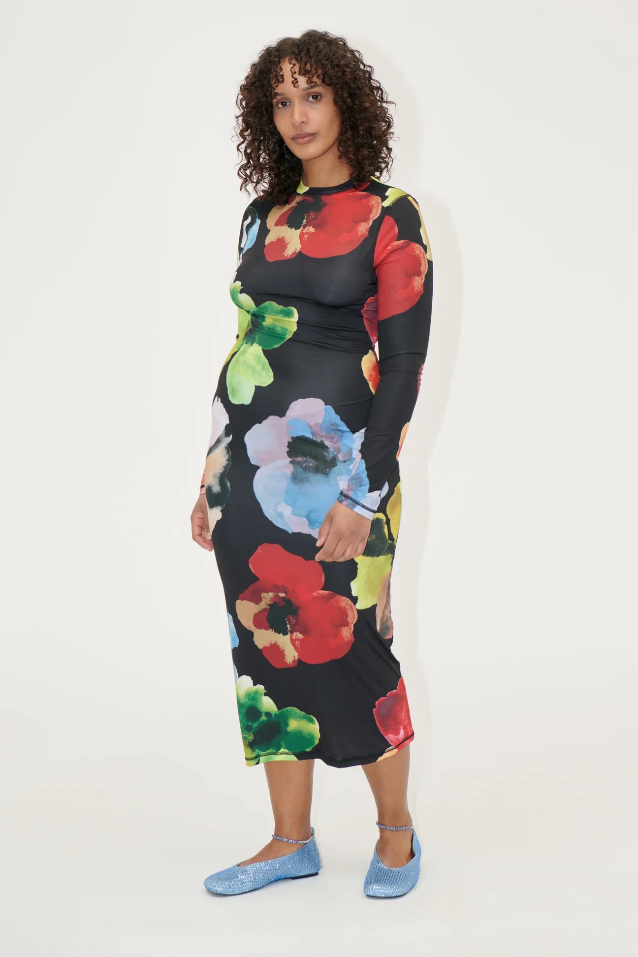 PULLOVER LONG SLEEVE MIDI DRESS - WATERCOLOR BLOOM