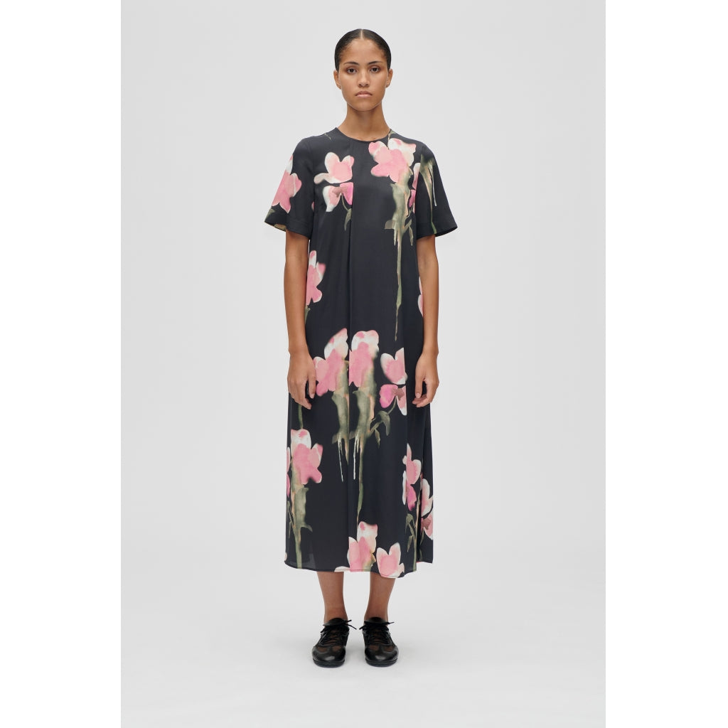FLOWY SHORT SLEEVE MIDI DRESS - MELTING FLOWERS