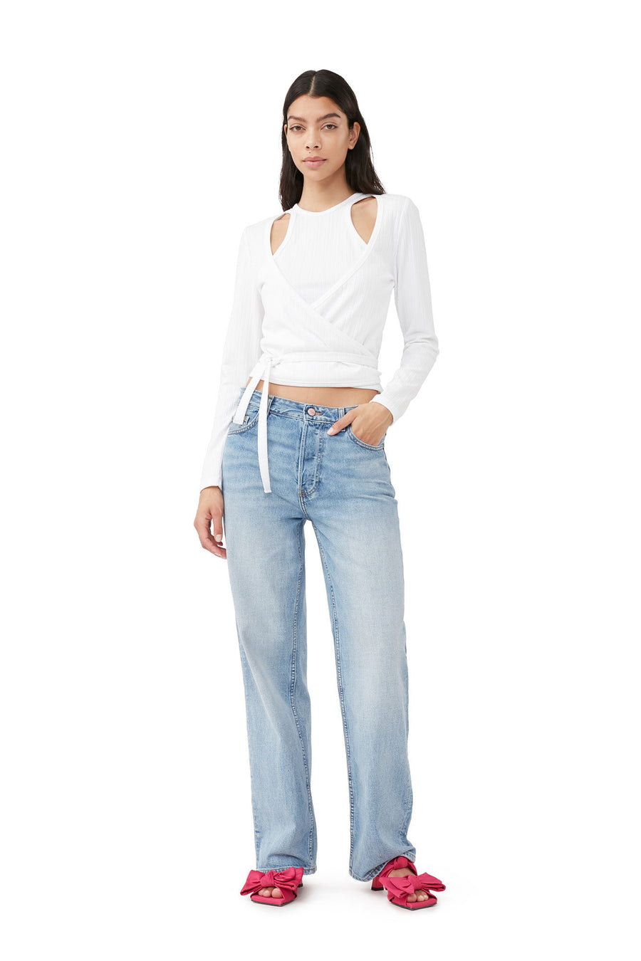 BRUSHED ALPACA SHORT SLEEVE WRAP BLOUSE - FROST GRAY