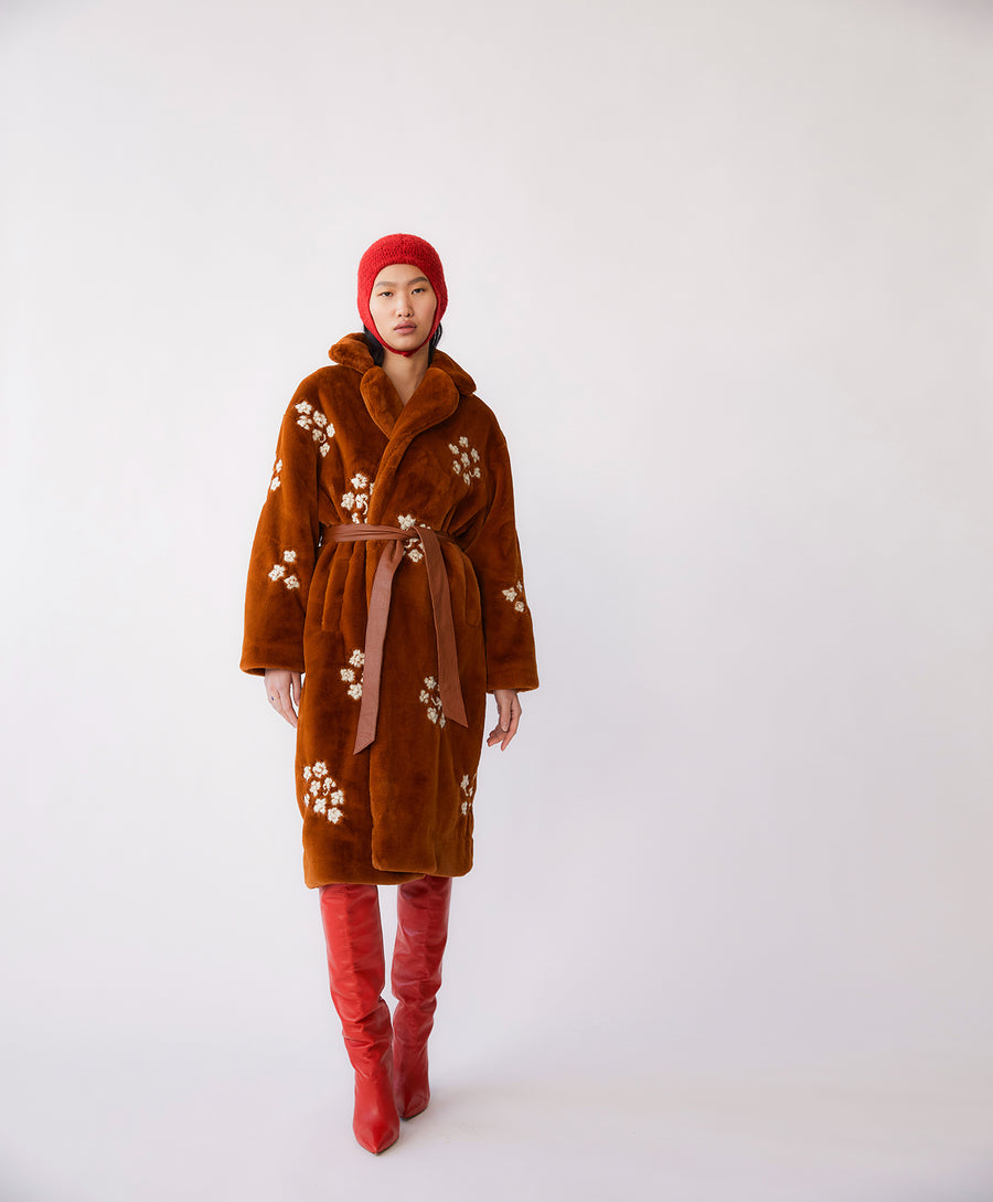 CAMELOT HAND EMBROIDERED FAUX FUR COAT - BROWN