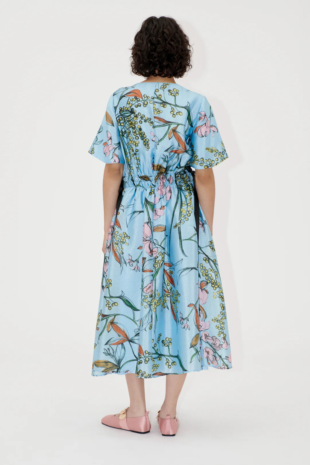 V-NECK WAIST TIE MIDI DRESS - SPRING MIMOSA