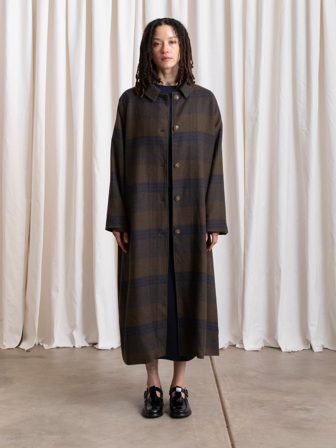 NEW PLAID TRENCH - OLIVE/NAVY PLAID