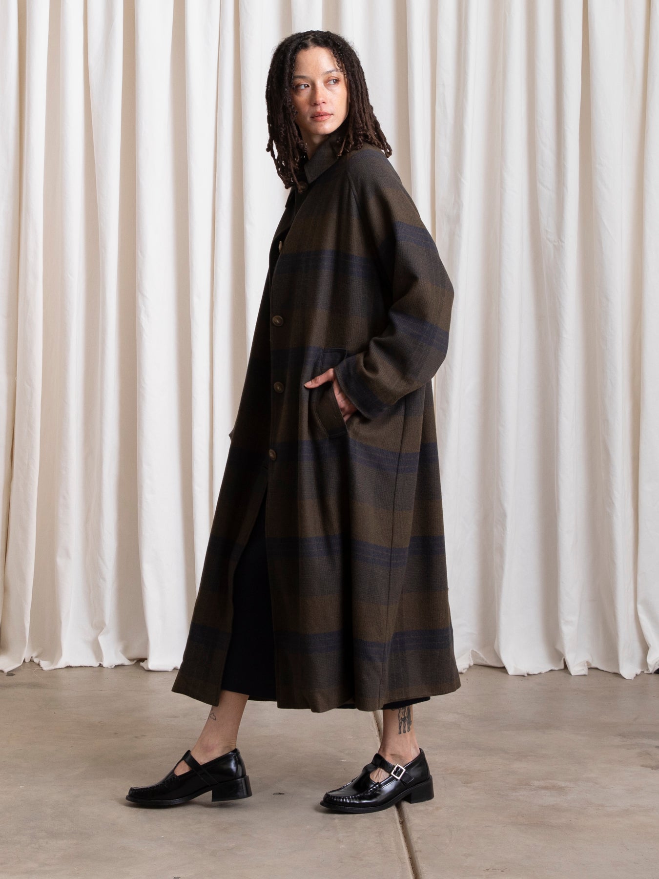 NEW PLAID TRENCH - OLIVE/NAVY PLAID