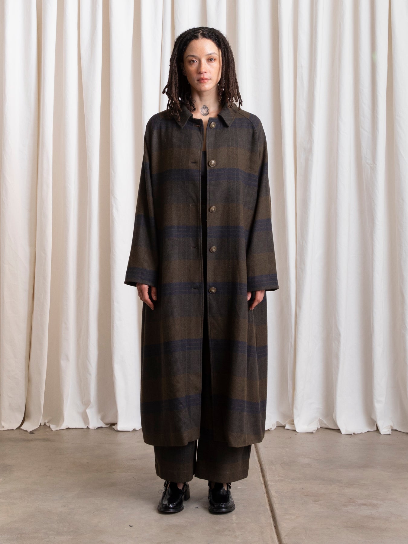 NEW PLAID TRENCH - OLIVE/NAVY PLAID