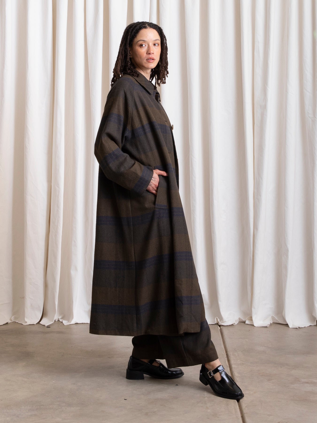 NEW PLAID TRENCH - OLIVE/NAVY PLAID