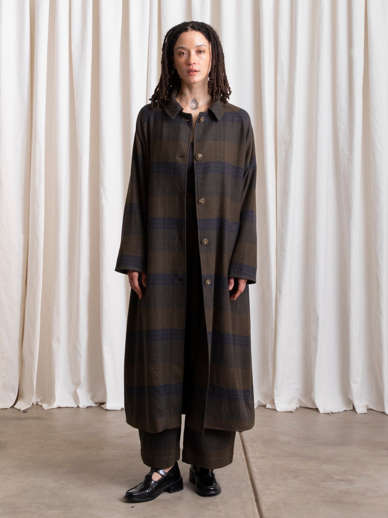 NEW PLAID TRENCH - OLIVE/NAVY PLAID