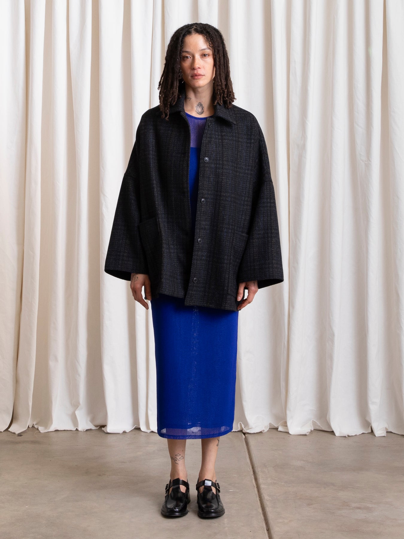 OVERSIZED WOOL SHIRT JACKET - BLUE/GREY PLAID