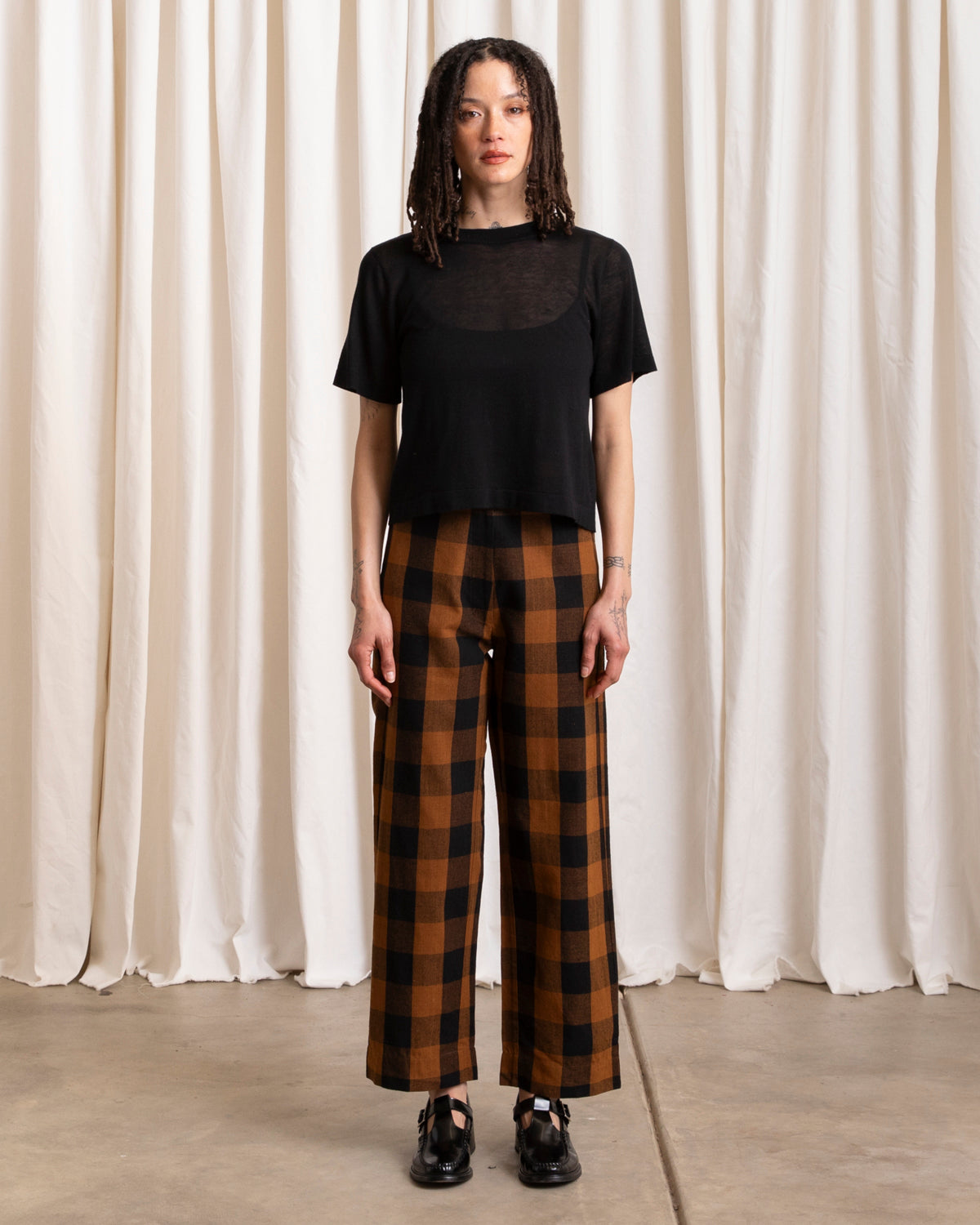 SILK FLY FRONT PANT W/ POCKETS - COPPER/BLACK PLAID