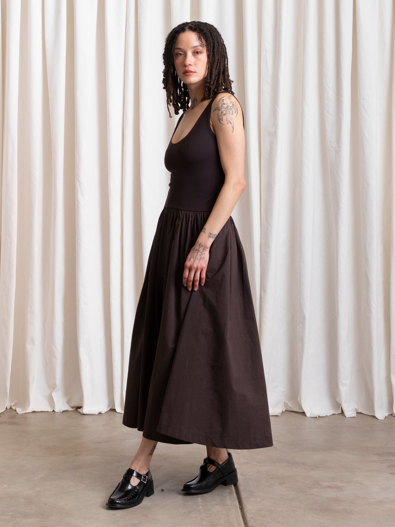 MIXED FABRIC DRESS - MUTED EGGPLANT