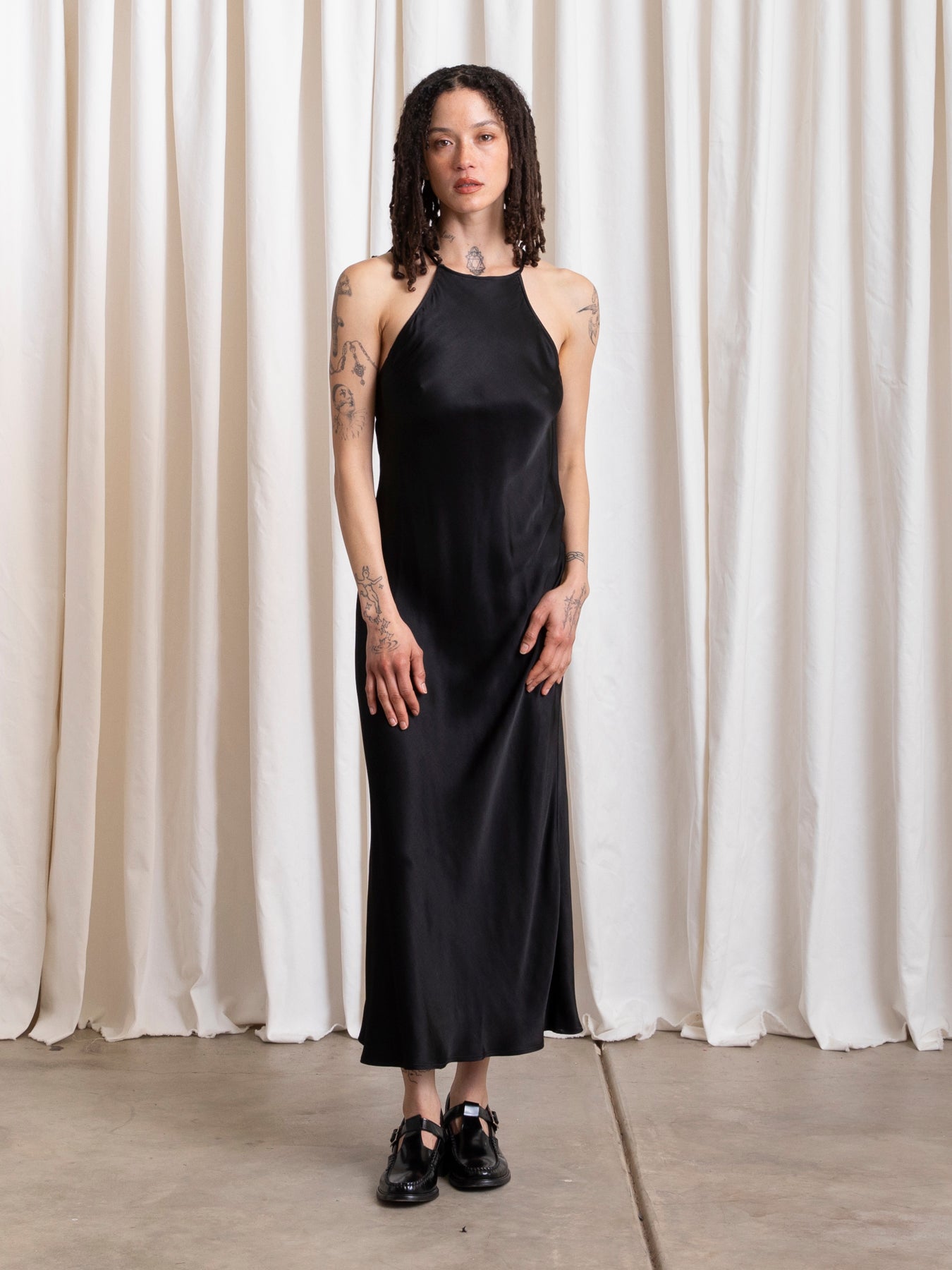 HIGH NECK BIAS DRESS - BLACK