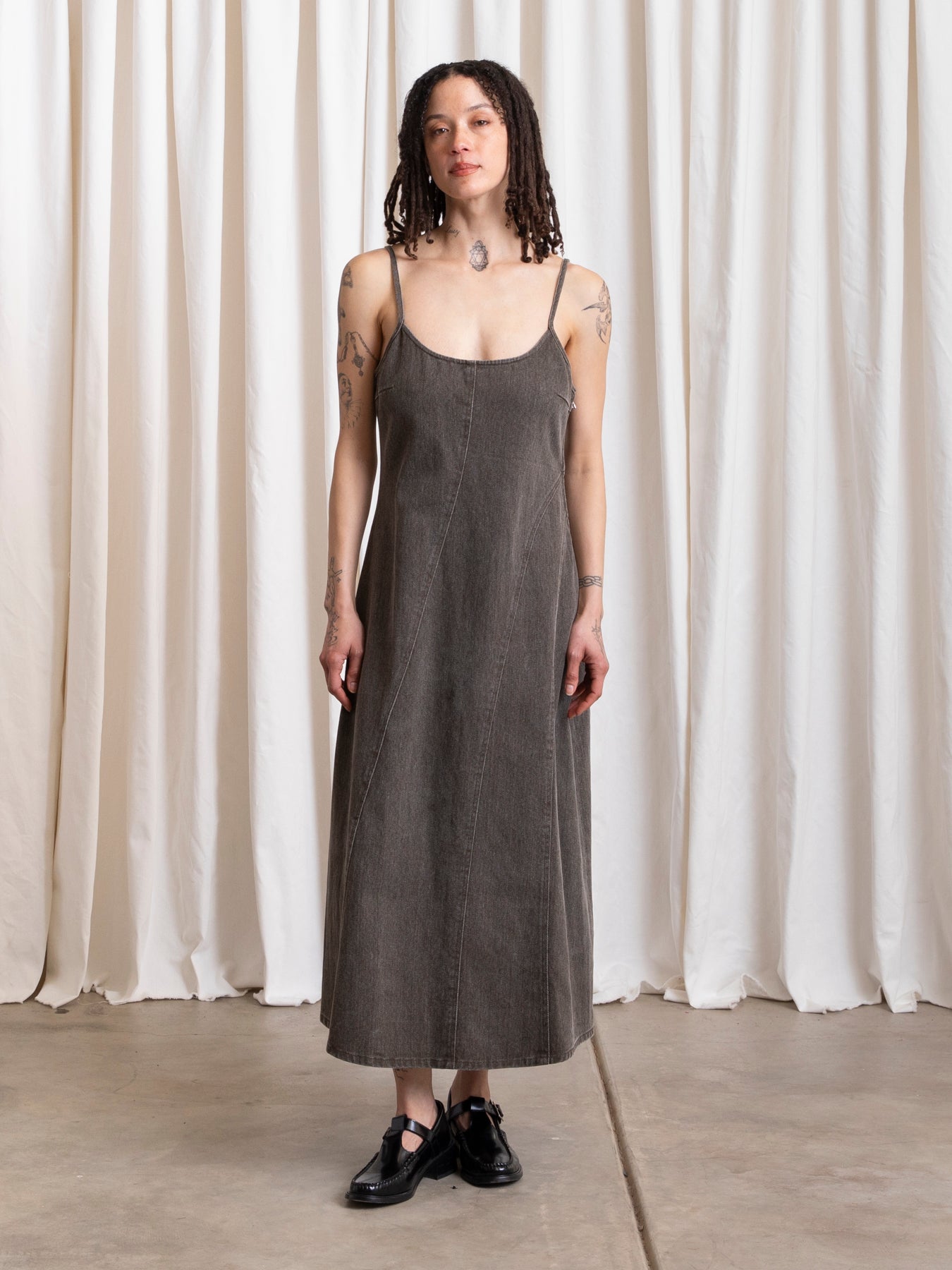 SEAMED TANK DRESS - BROWN DENIM