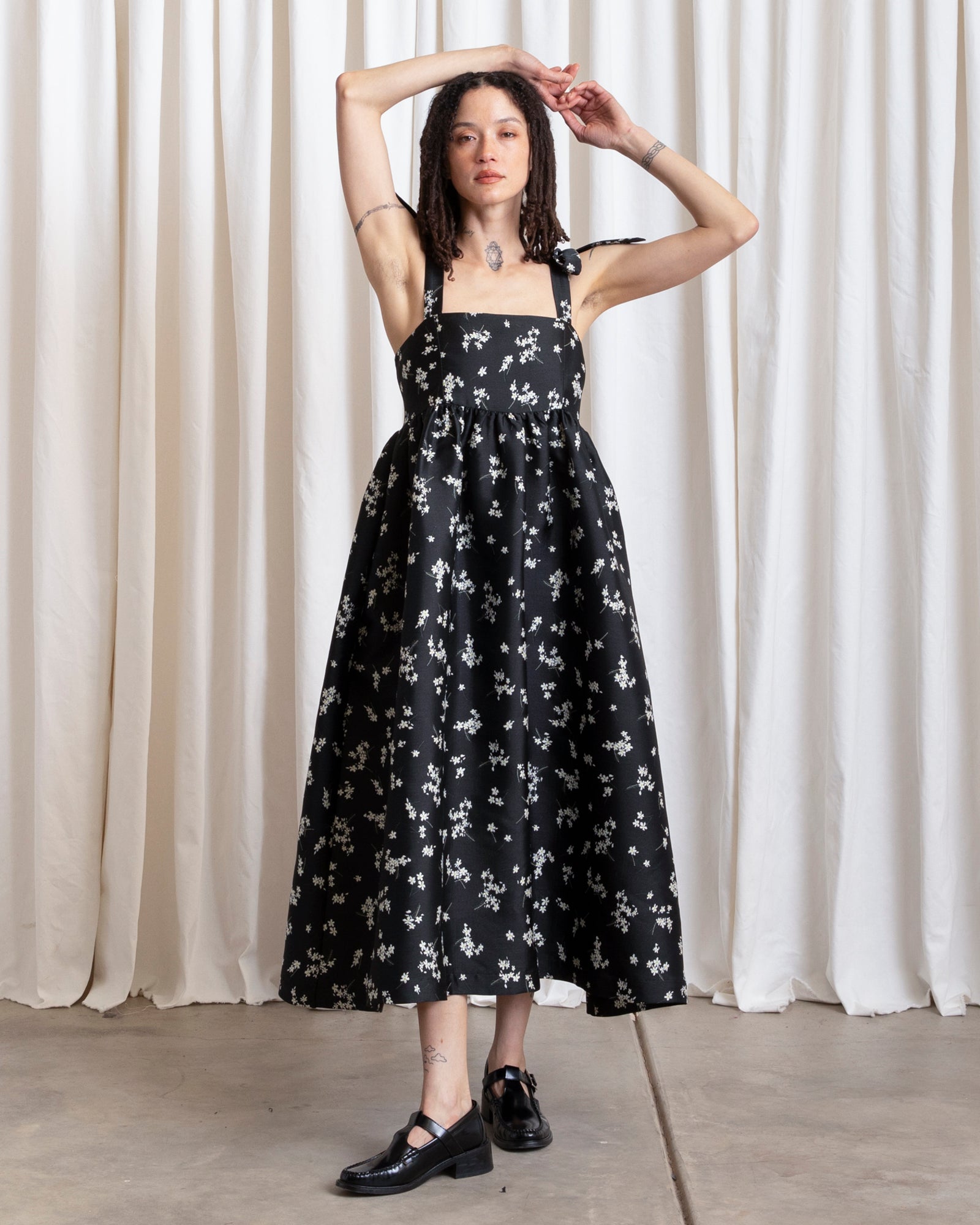 TIE STRAP DRESS - BLACK JACQUARD