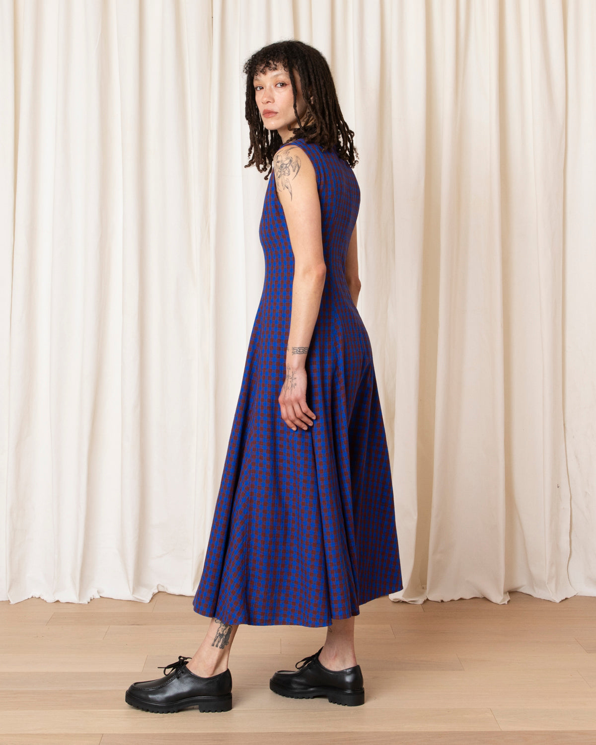 PANELED MIDI DRESS - RUST/COBALT GINGHAM