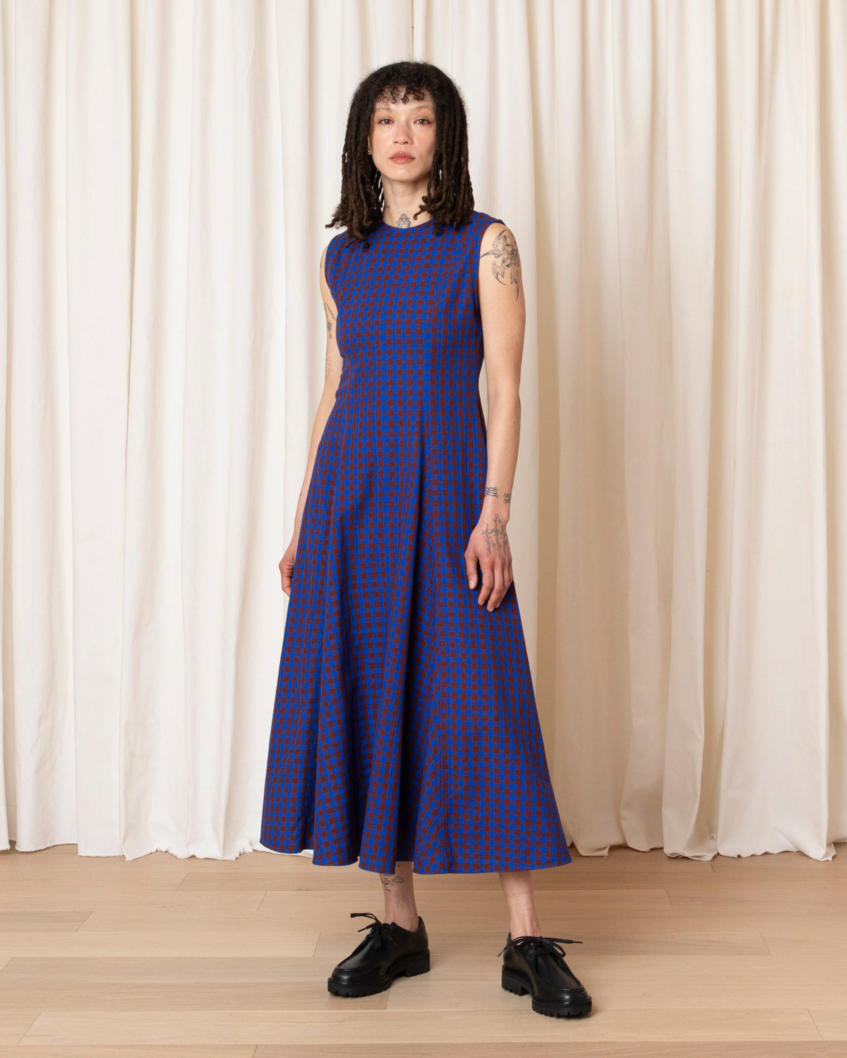 PANELED MIDI DRESS - RUST/COBALT GINGHAM