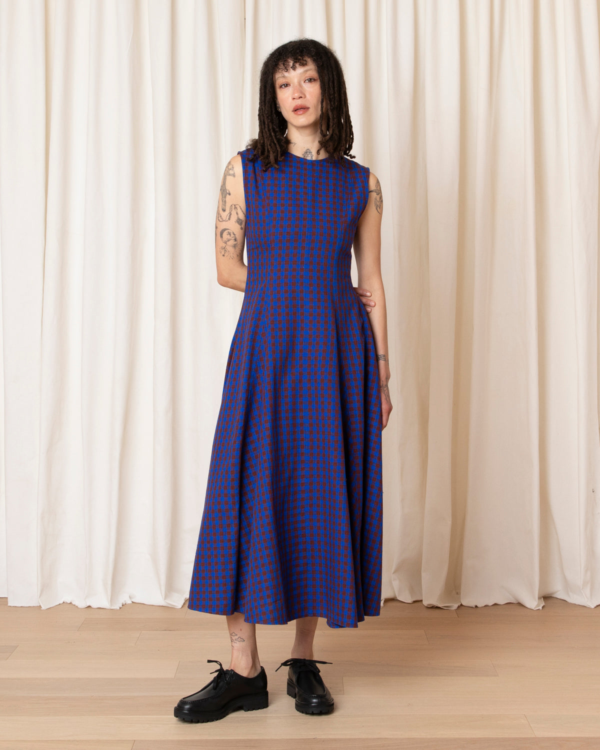 PANELED MIDI DRESS - RUST/COBALT GINGHAM