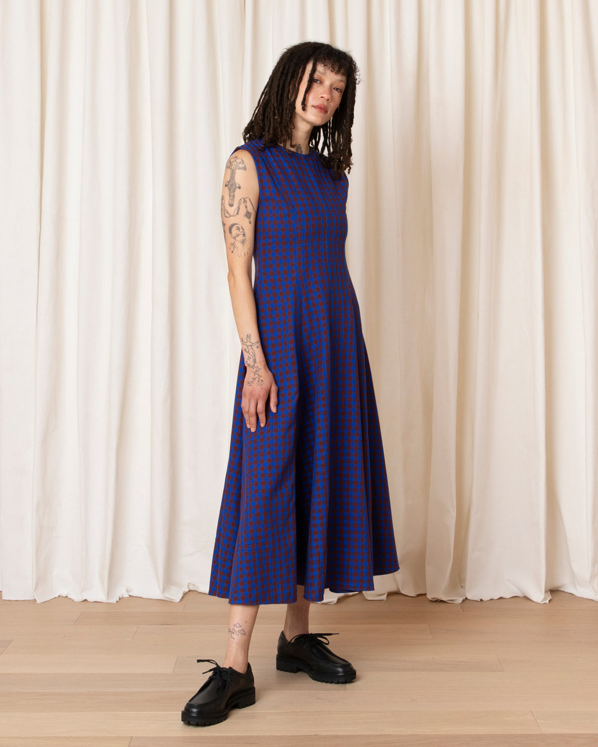 PANELED MIDI DRESS - RUST/COBALT GINGHAM