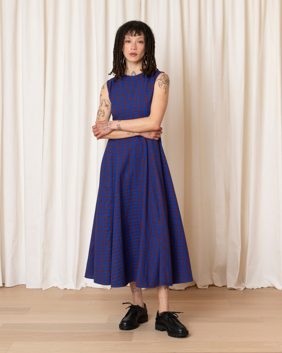 PANELED MIDI DRESS - RUST/COBALT GINGHAM