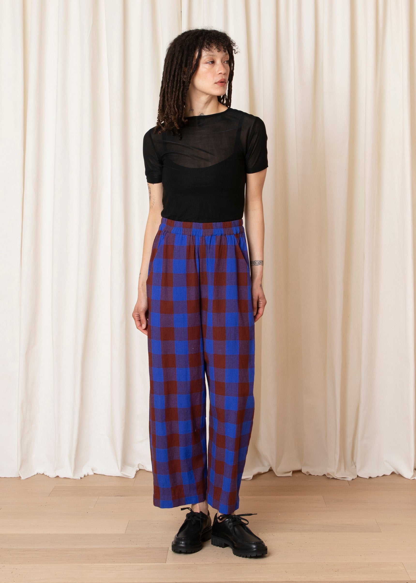 ELASTIC PANT - COBALT/RUST LARGE PLAID