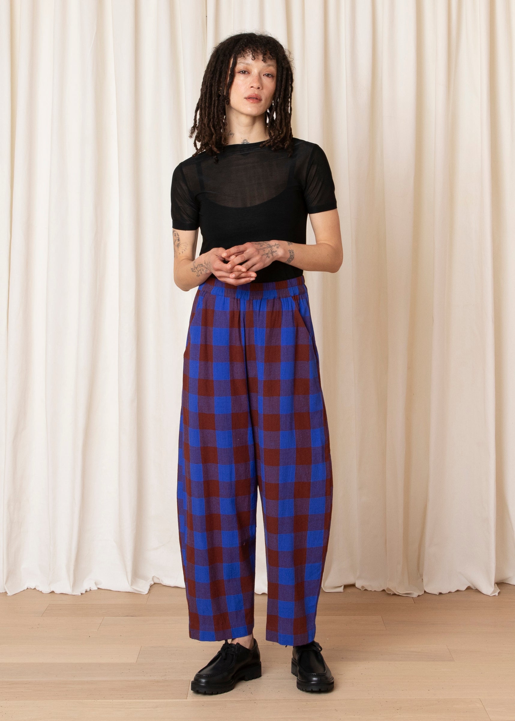 ELASTIC PANT - COBALT/RUST LARGE PLAID