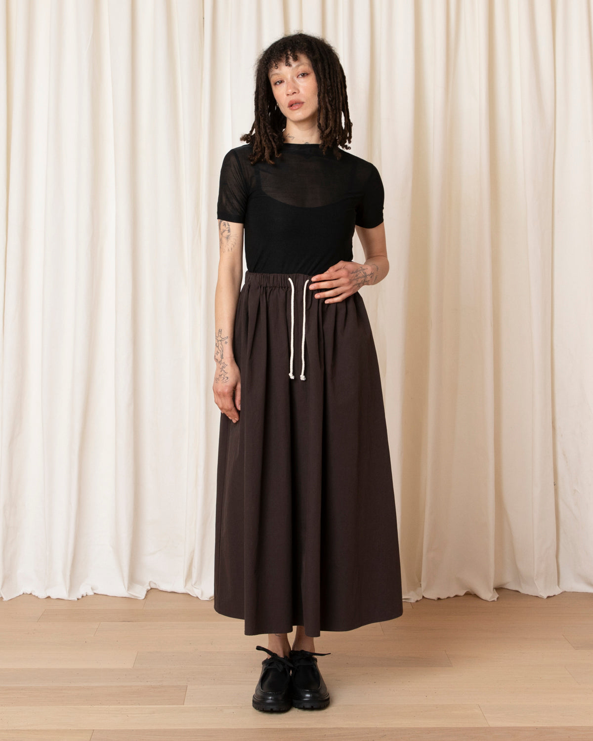 DRAWSTRING FULL SKIRT - DARK BROWN