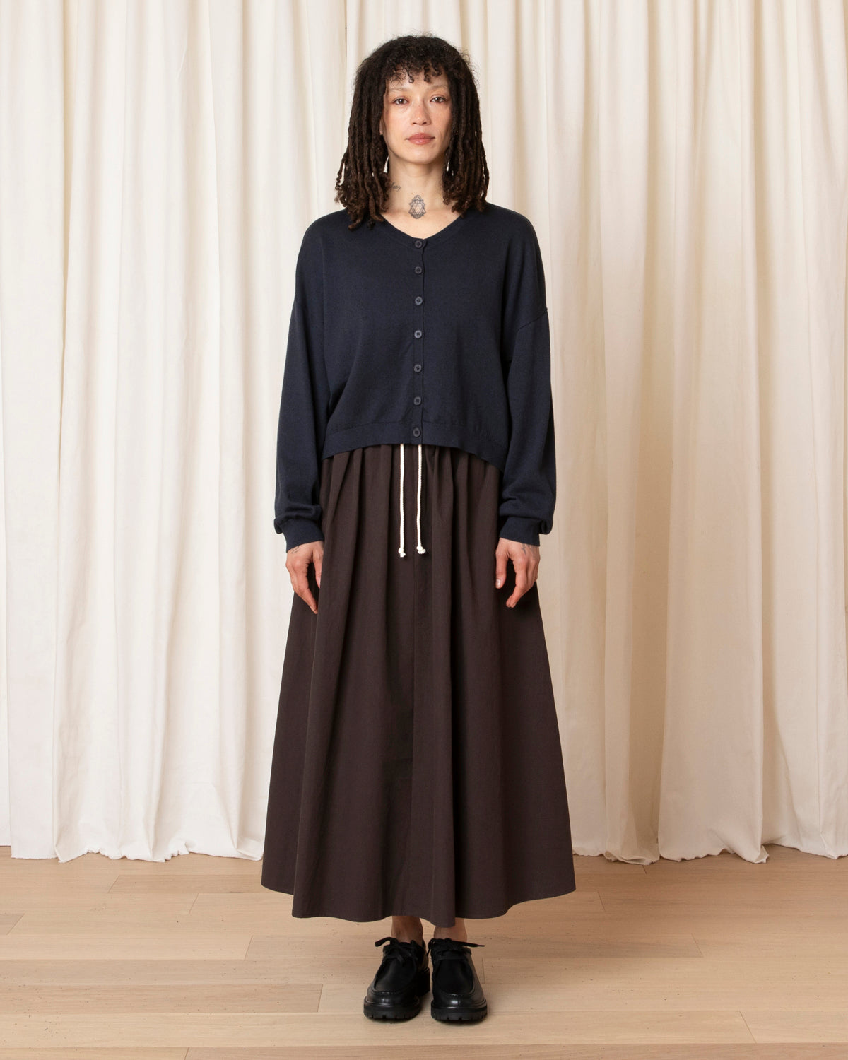 DRAWSTRING FULL SKIRT - DARK BROWN