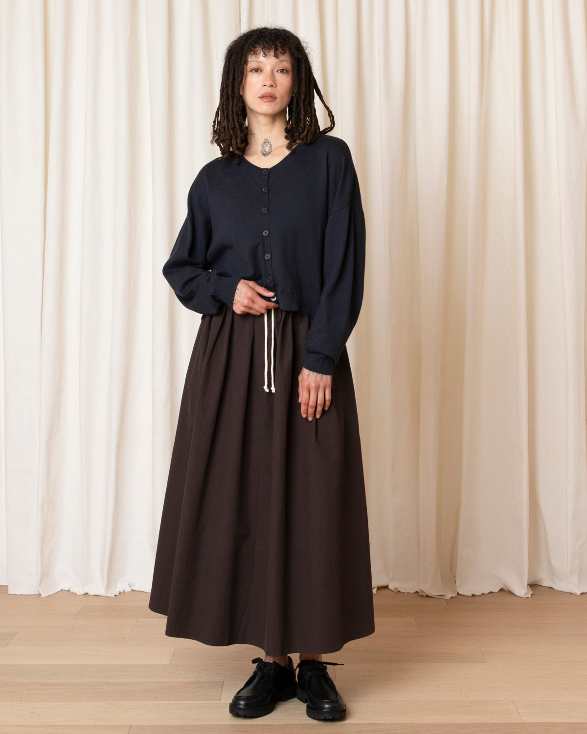 DRAWSTRING FULL SKIRT - DARK BROWN