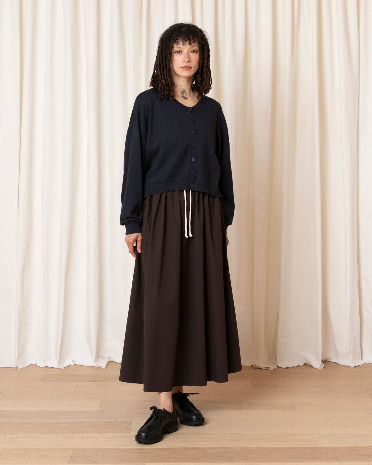 DRAWSTRING FULL SKIRT - DARK BROWN