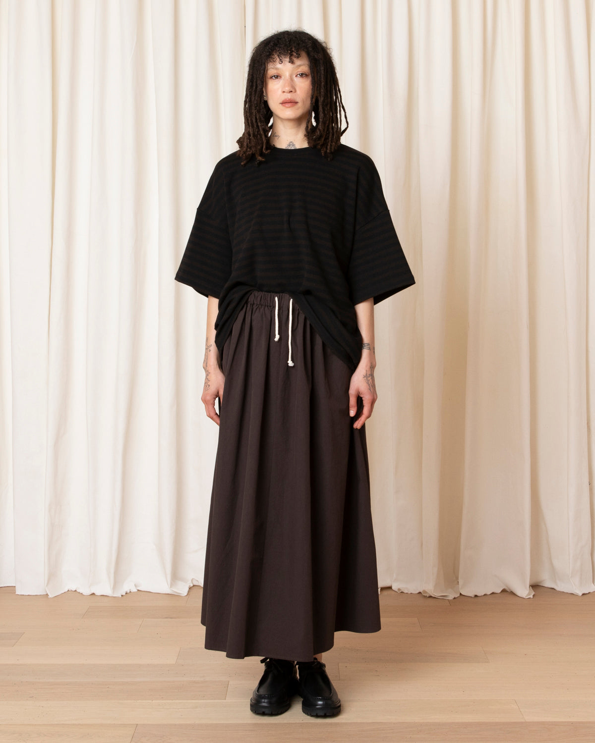 DRAWSTRING FULL SKIRT - DARK BROWN