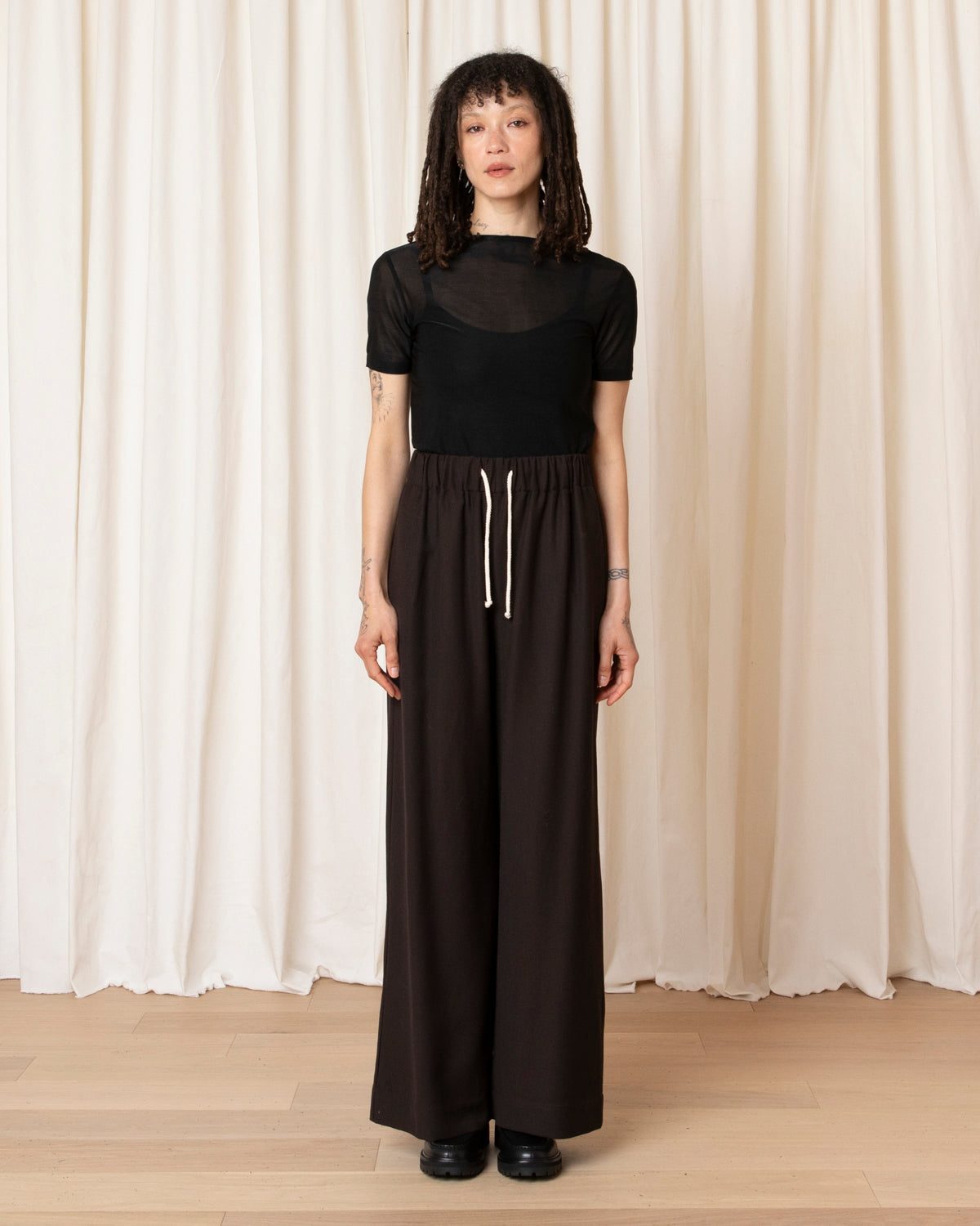 100% WOOL DRAWSTRING PANT - DARK BROWN