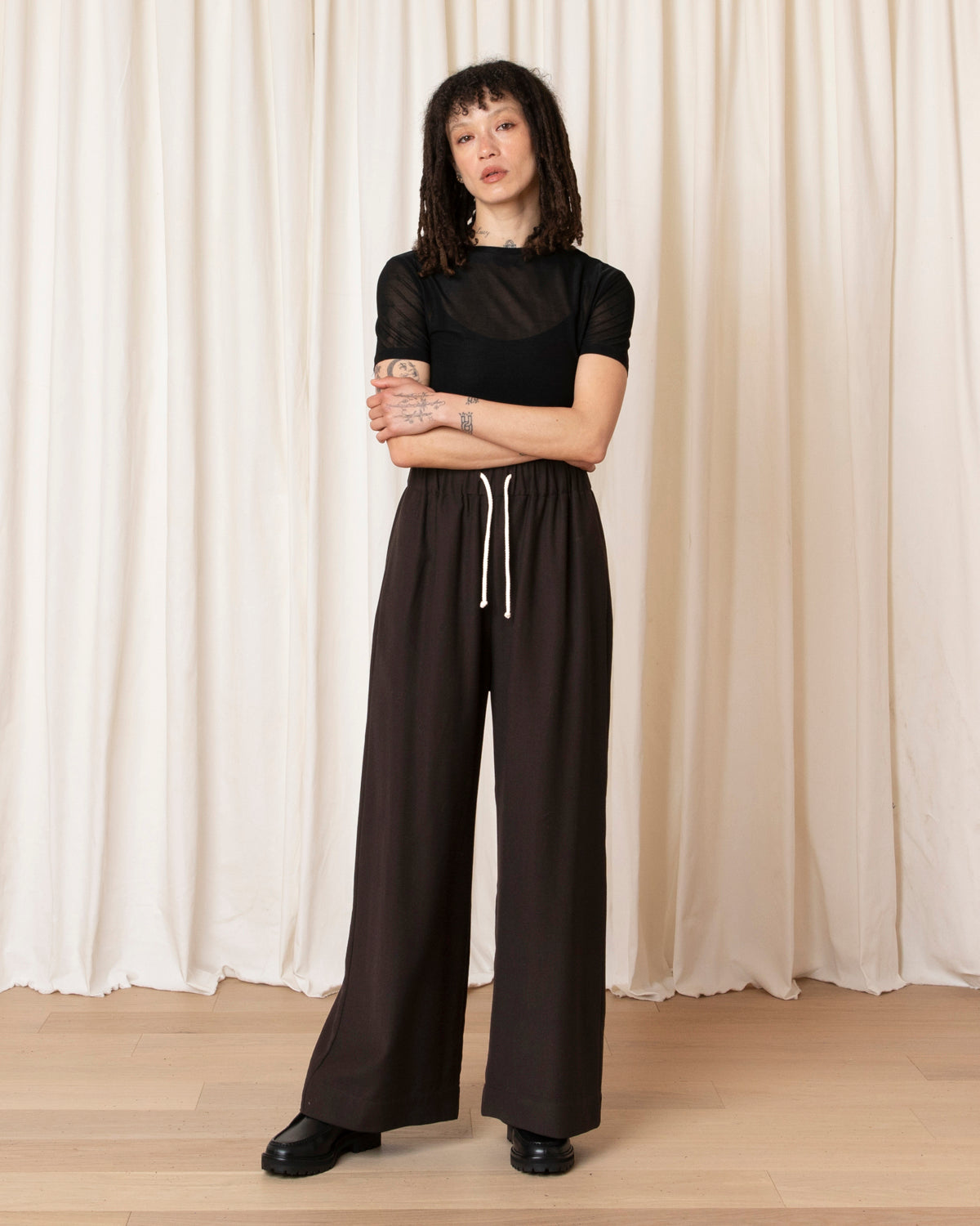 100% WOOL DRAWSTRING PANT - DARK BROWN