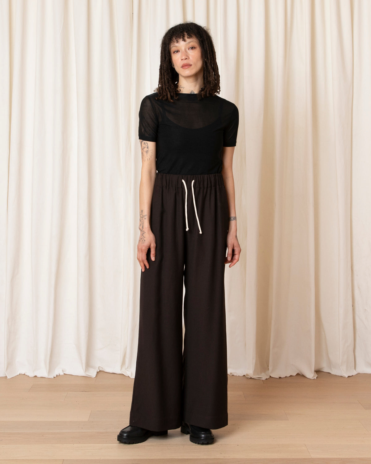 100% WOOL DRAWSTRING PANT - DARK BROWN
