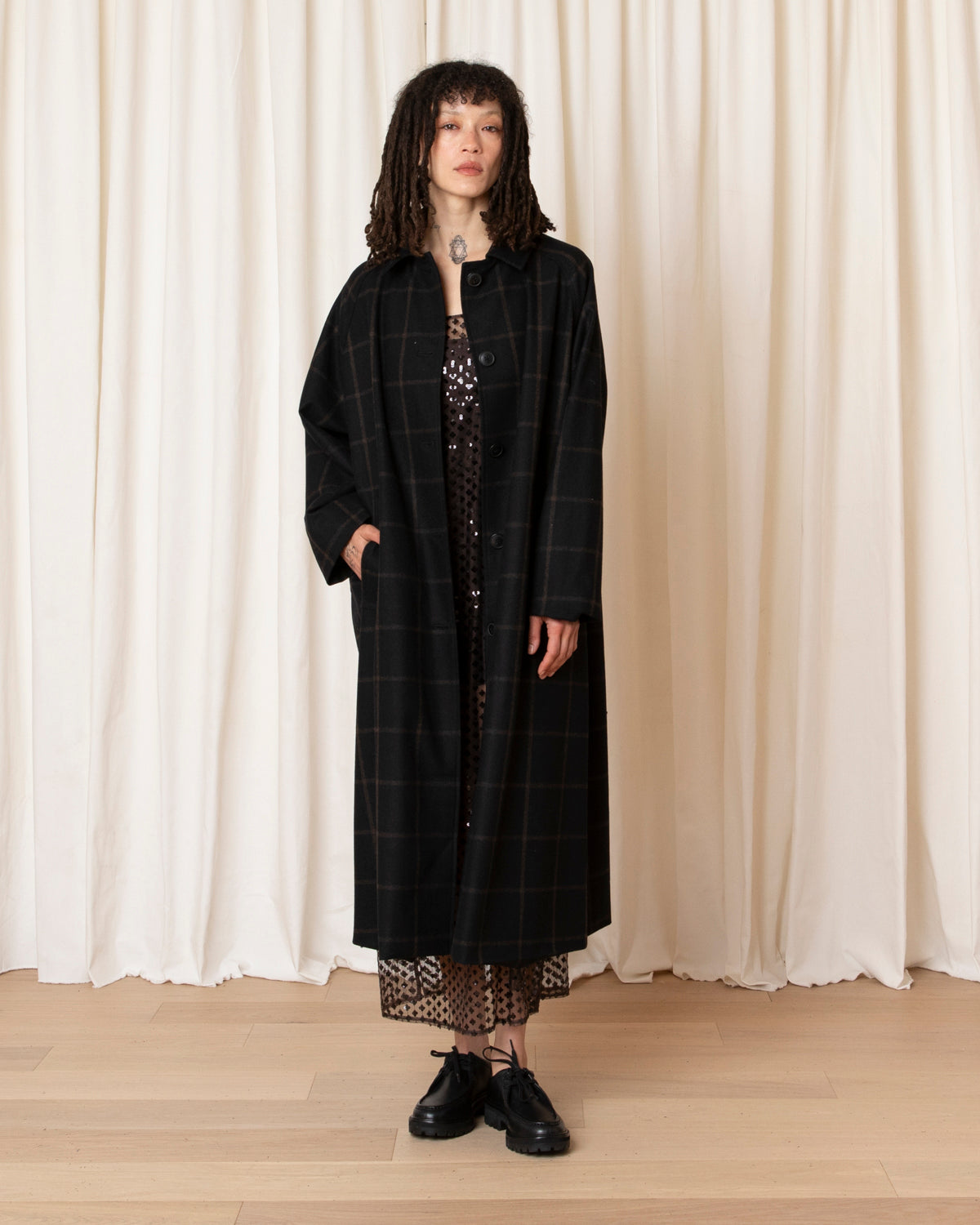 NEW WOOL TRENCH - BLACK/BROWN WINDOWPANE