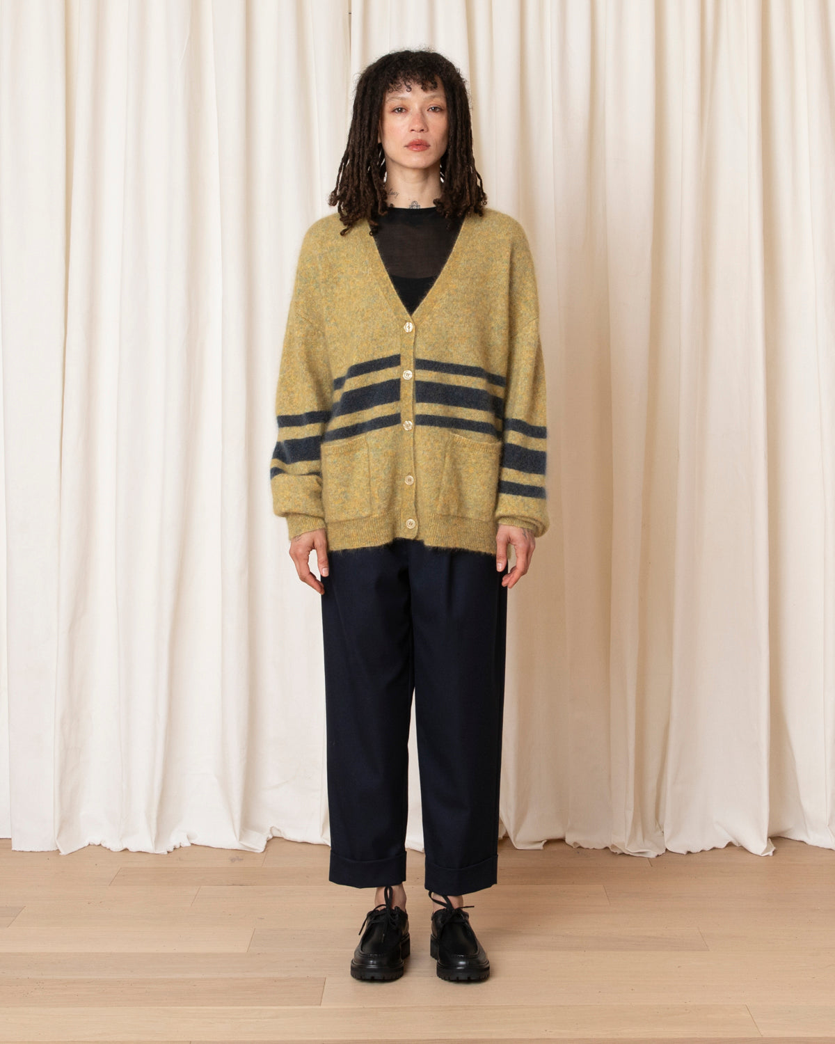 OVERSIZED MOHAIR CARDIGAN - OCHRE/OCEAN STRIPE