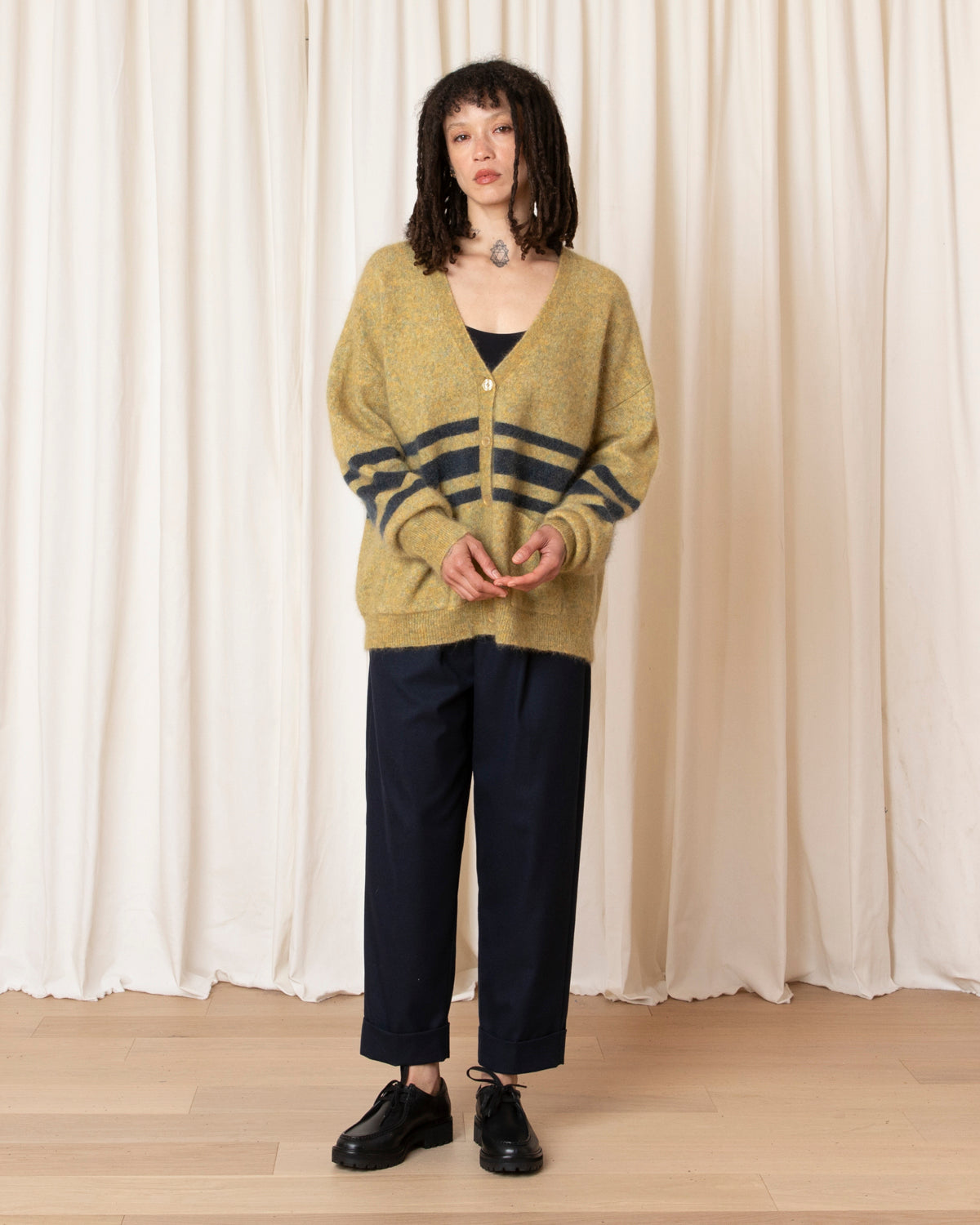 OVERSIZED MOHAIR CARDIGAN - OCHRE/OCEAN STRIPE