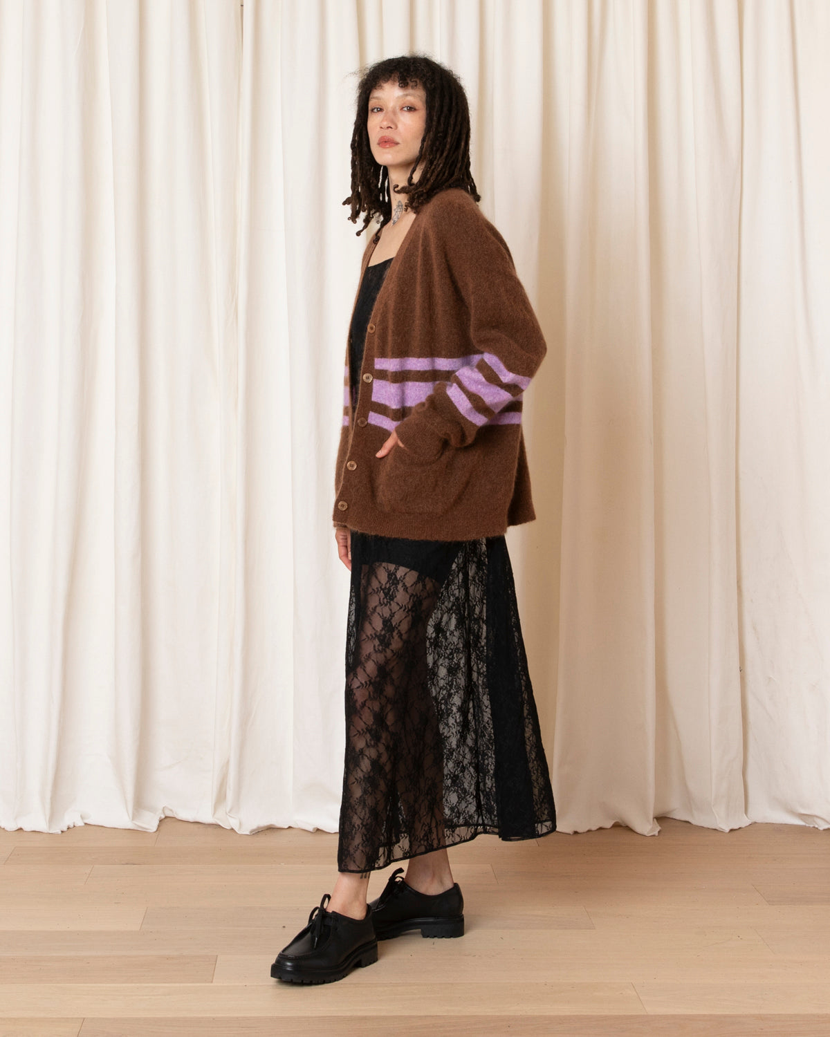 OVERSIZED MOHAIR CARDIGAN - COPPER/LILAC STRIPE