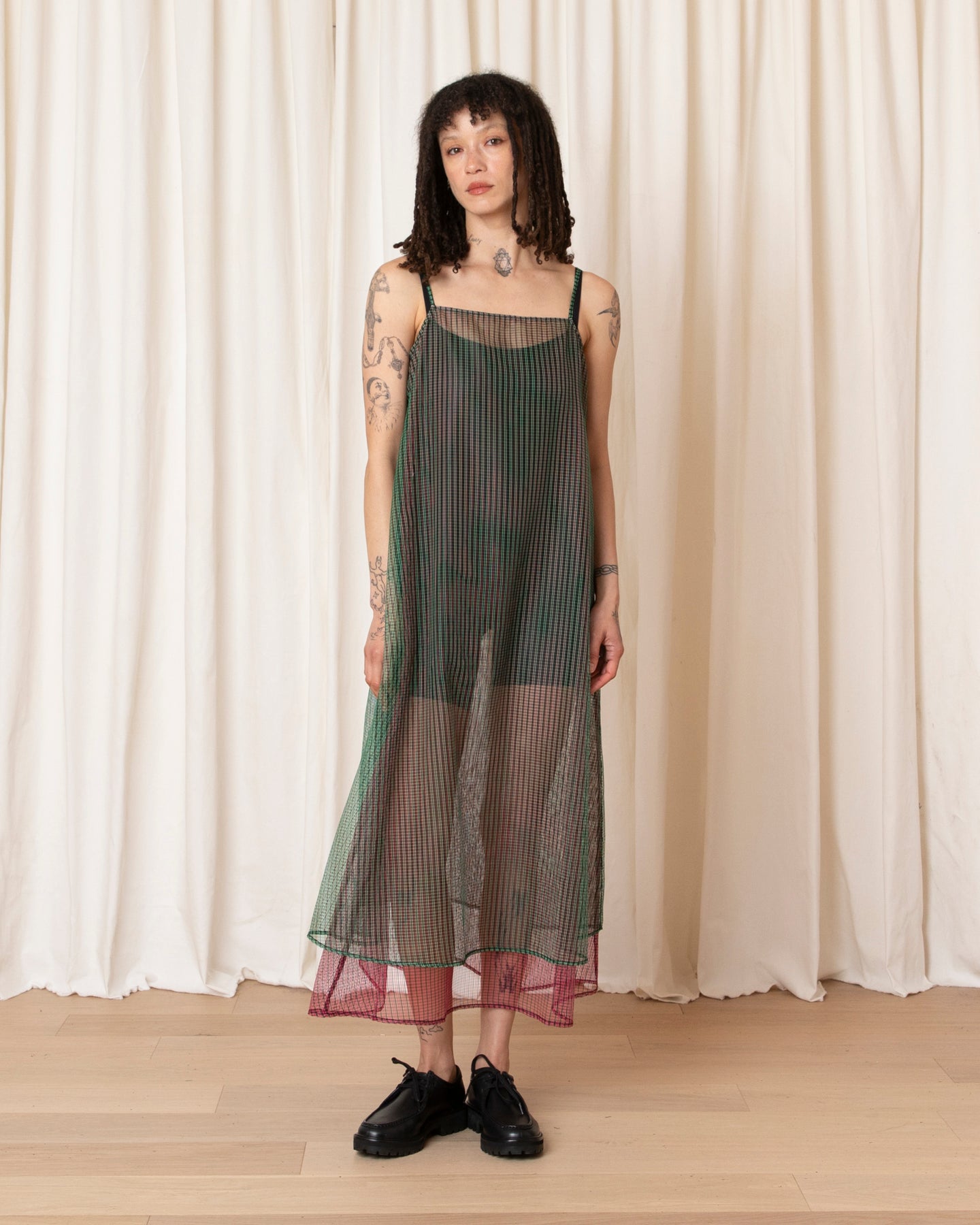 LAYERED SQUARE NECK FULL DRESS - GREEN/PINK CHECK