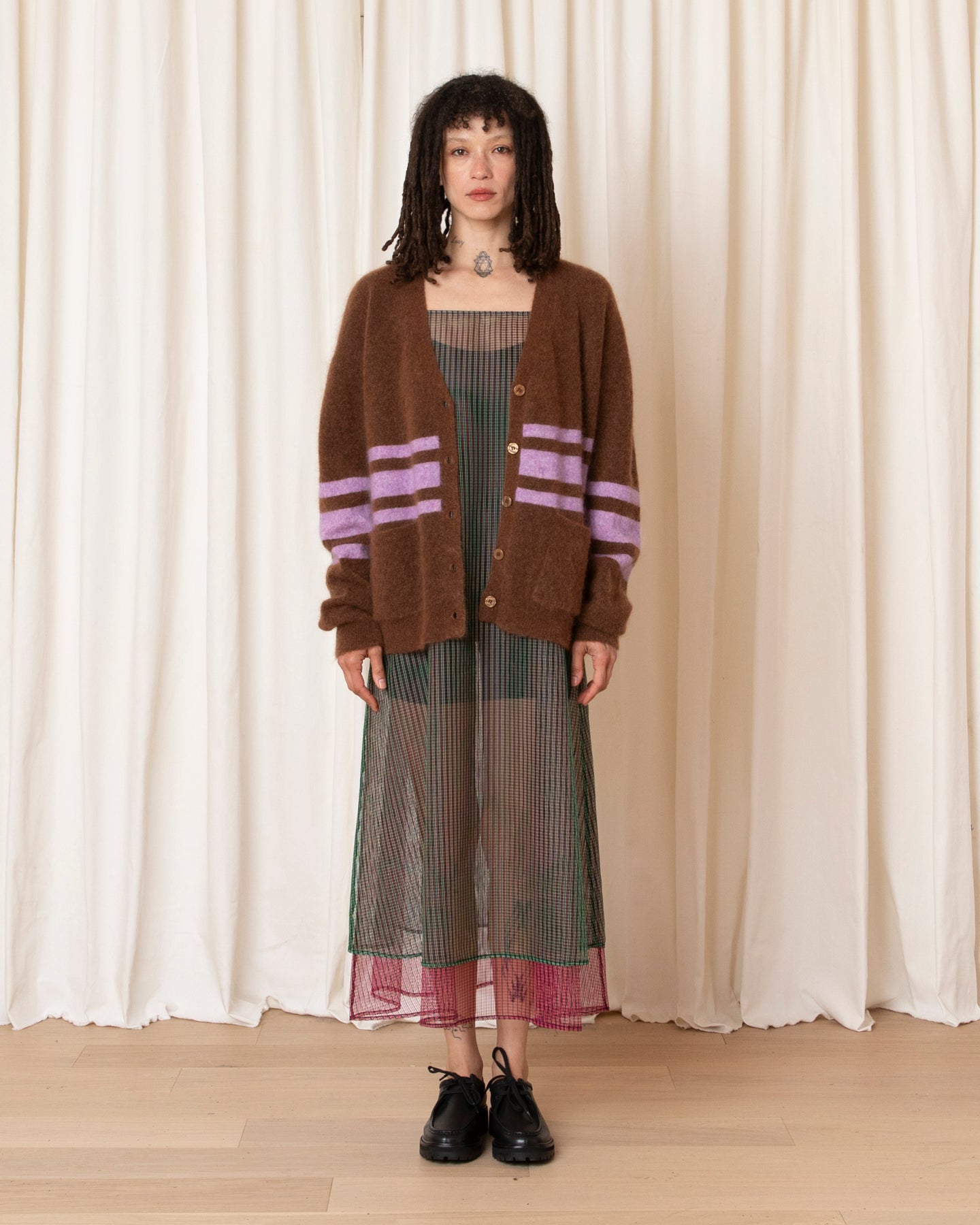 LAYERED SQUARE NECK FULL DRESS - GREEN/PINK CHECK