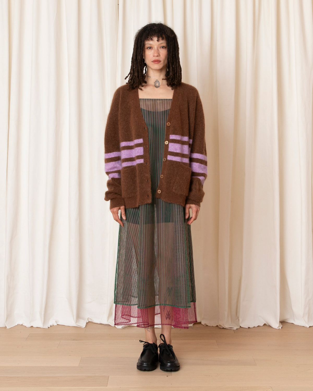 OVERSIZED MOHAIR CARDIGAN - COPPER/LILAC STRIPE