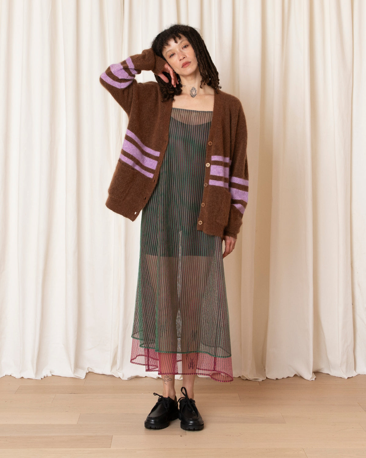 OVERSIZED MOHAIR CARDIGAN - COPPER/LILAC STRIPE