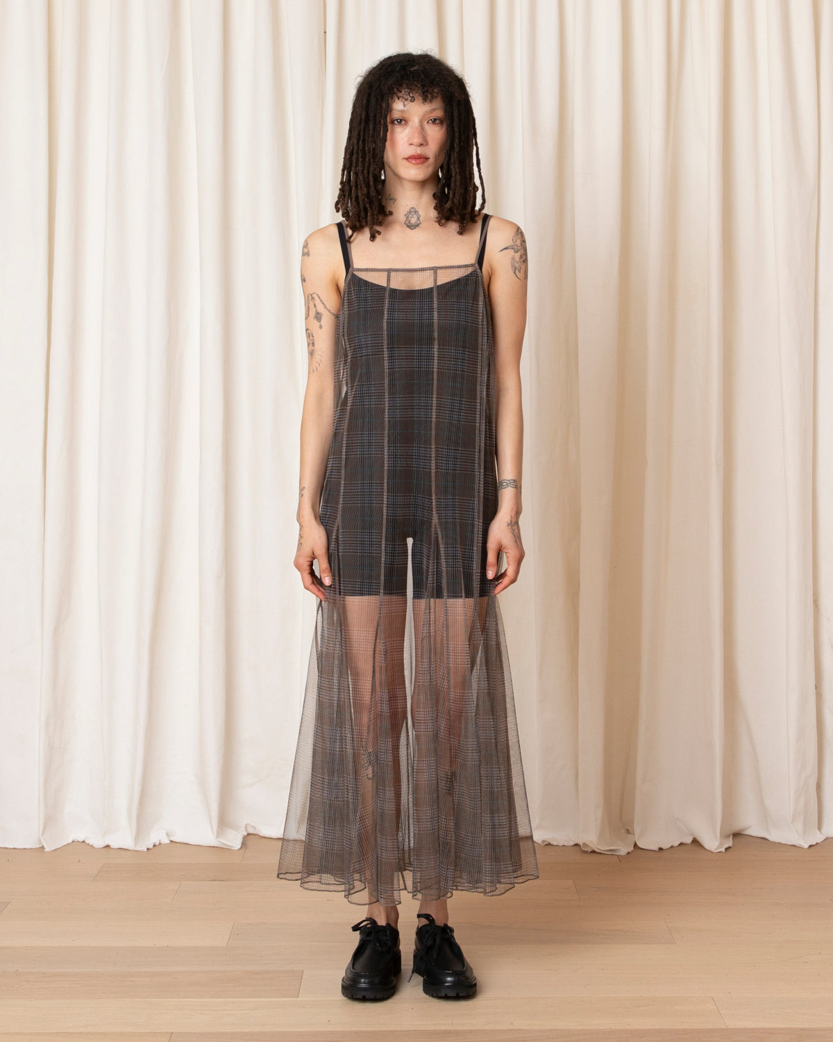 NEW PANELED MESH DRESS - NEUTRAL PLAID