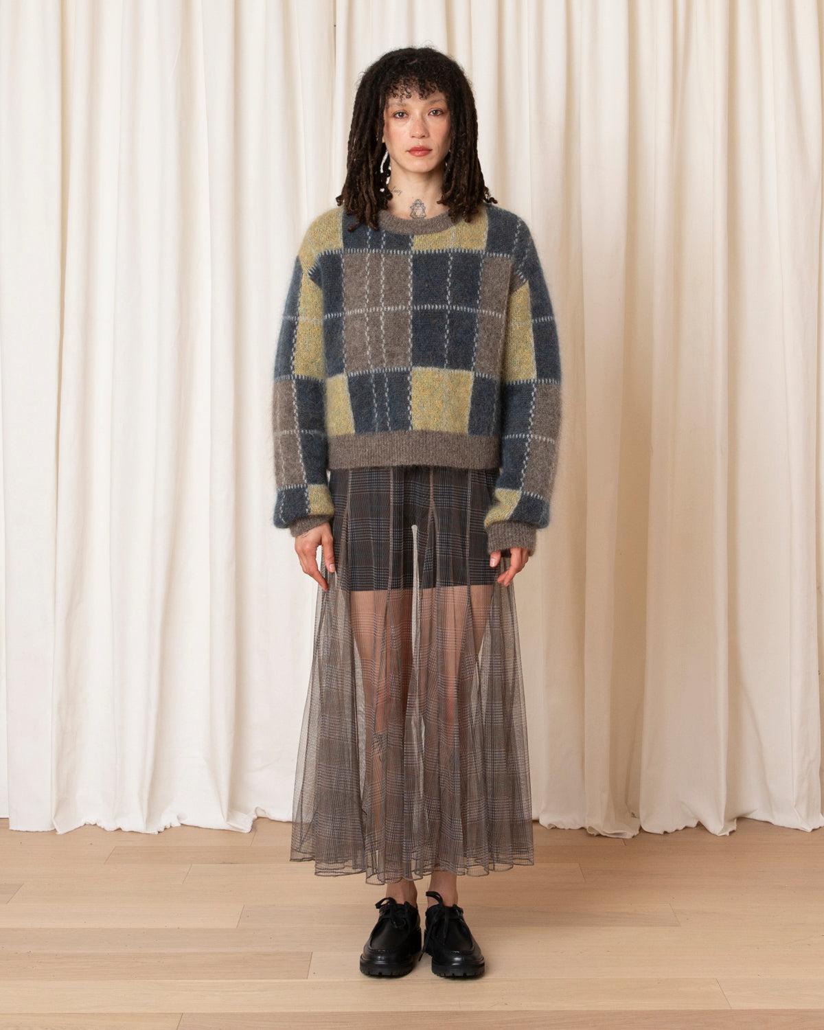 NEW PANELED MESH DRESS - NEUTRAL PLAID