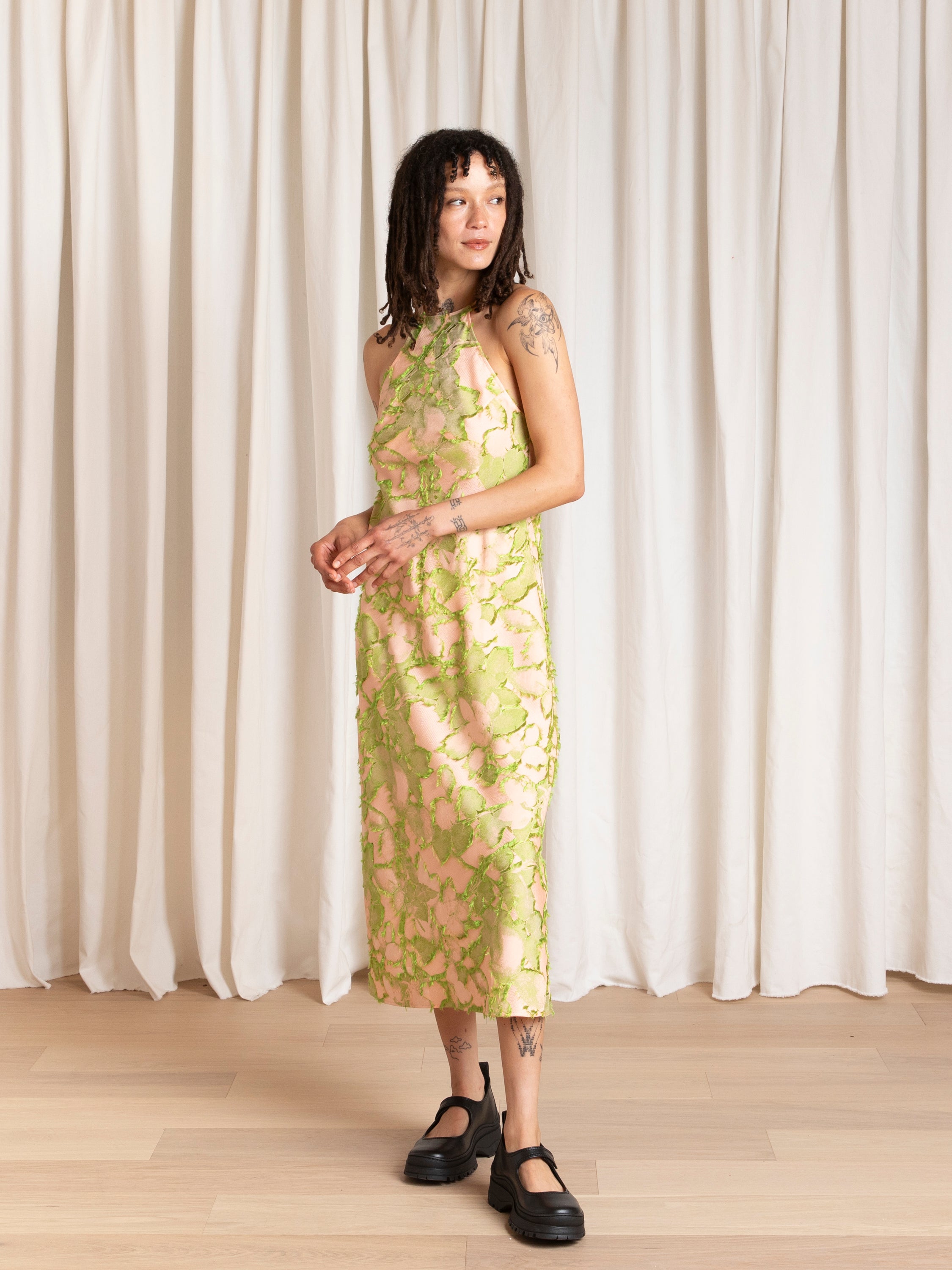 HIGH NECK BIAS DRESS - PINK/LIME