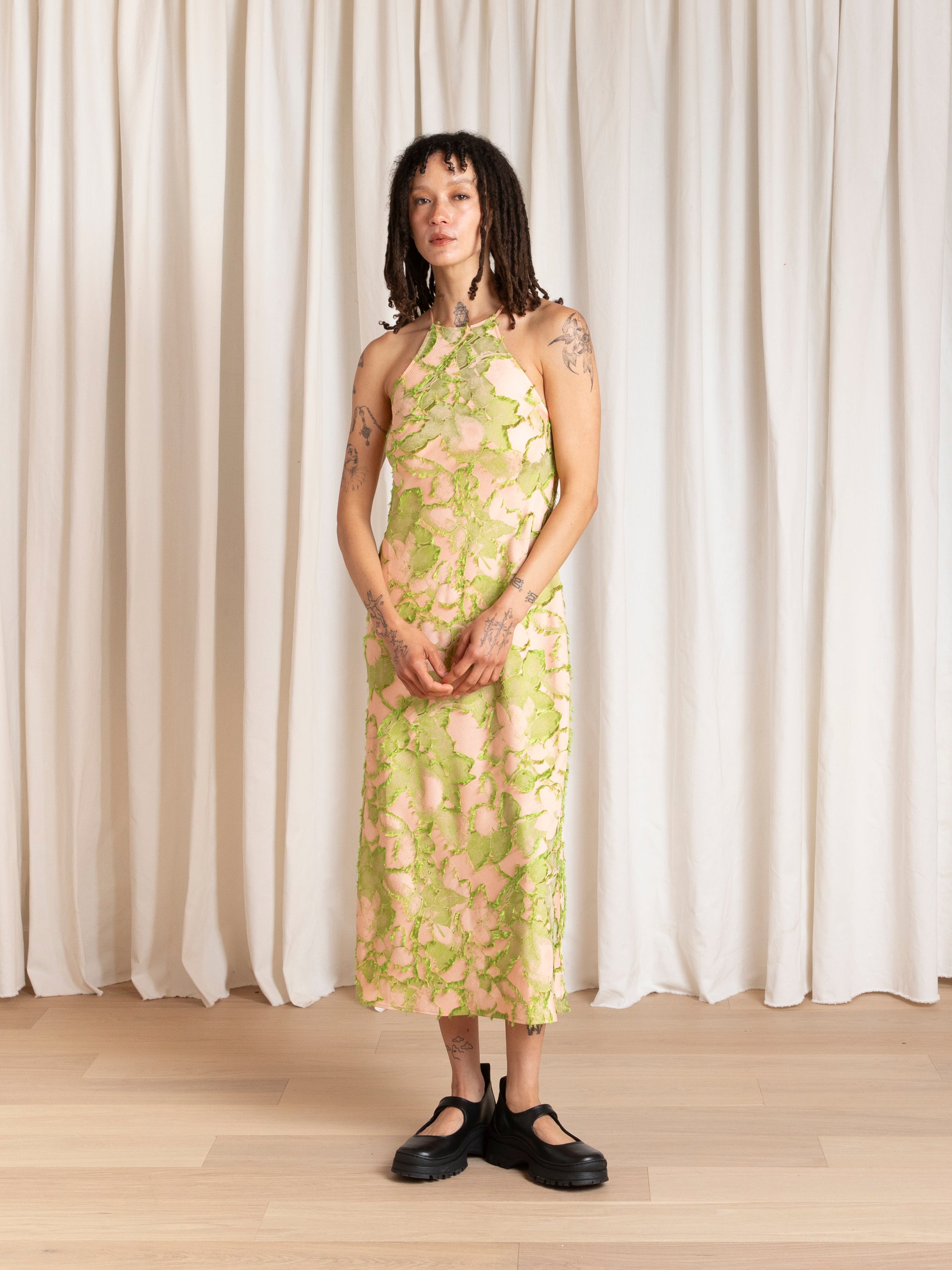 HIGH NECK BIAS DRESS - PINK/LIME