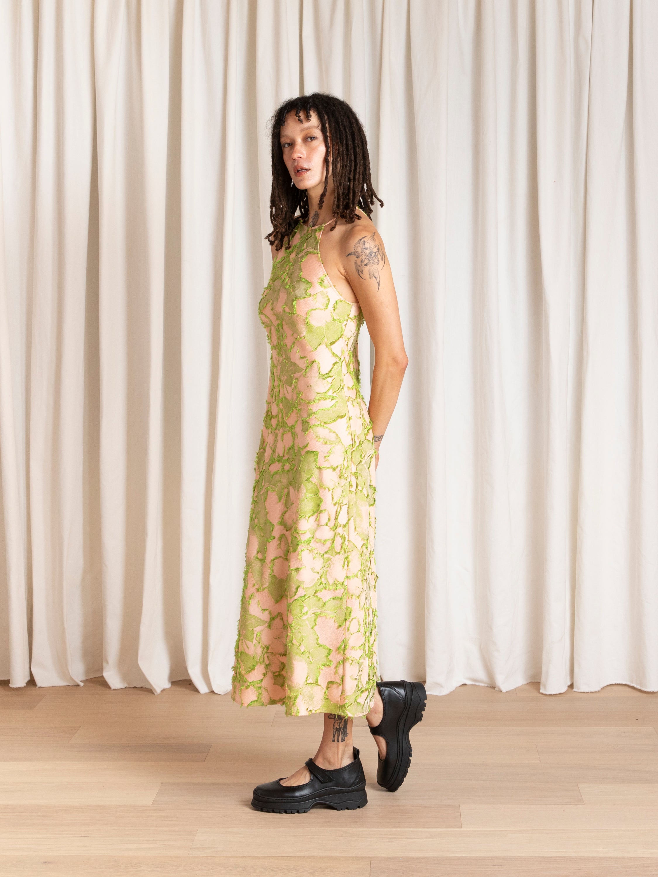 HIGH NECK BIAS DRESS - PINK/LIME