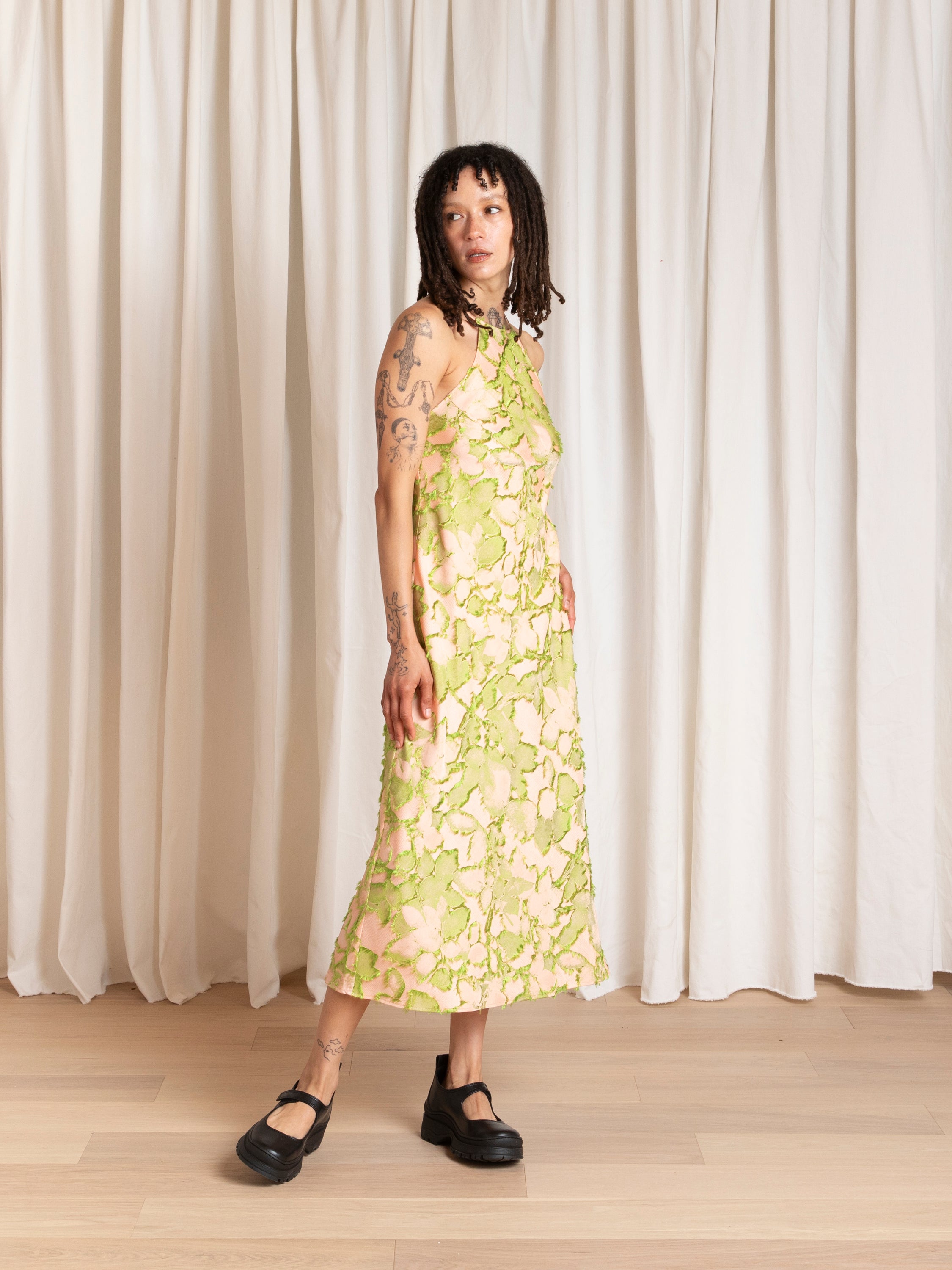 HIGH NECK BIAS DRESS - PINK/LIME