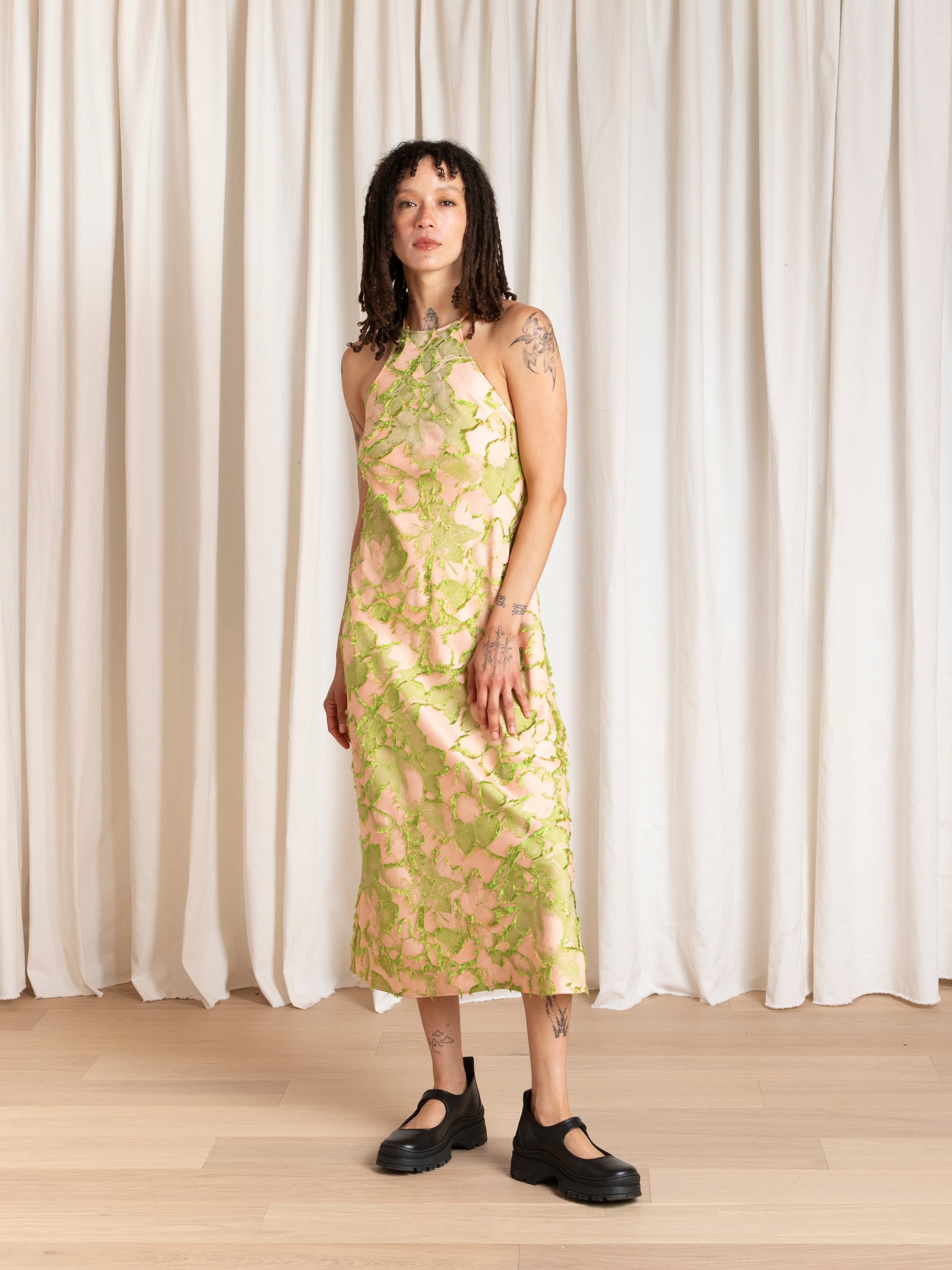 HIGH NECK BIAS DRESS - PINK/LIME