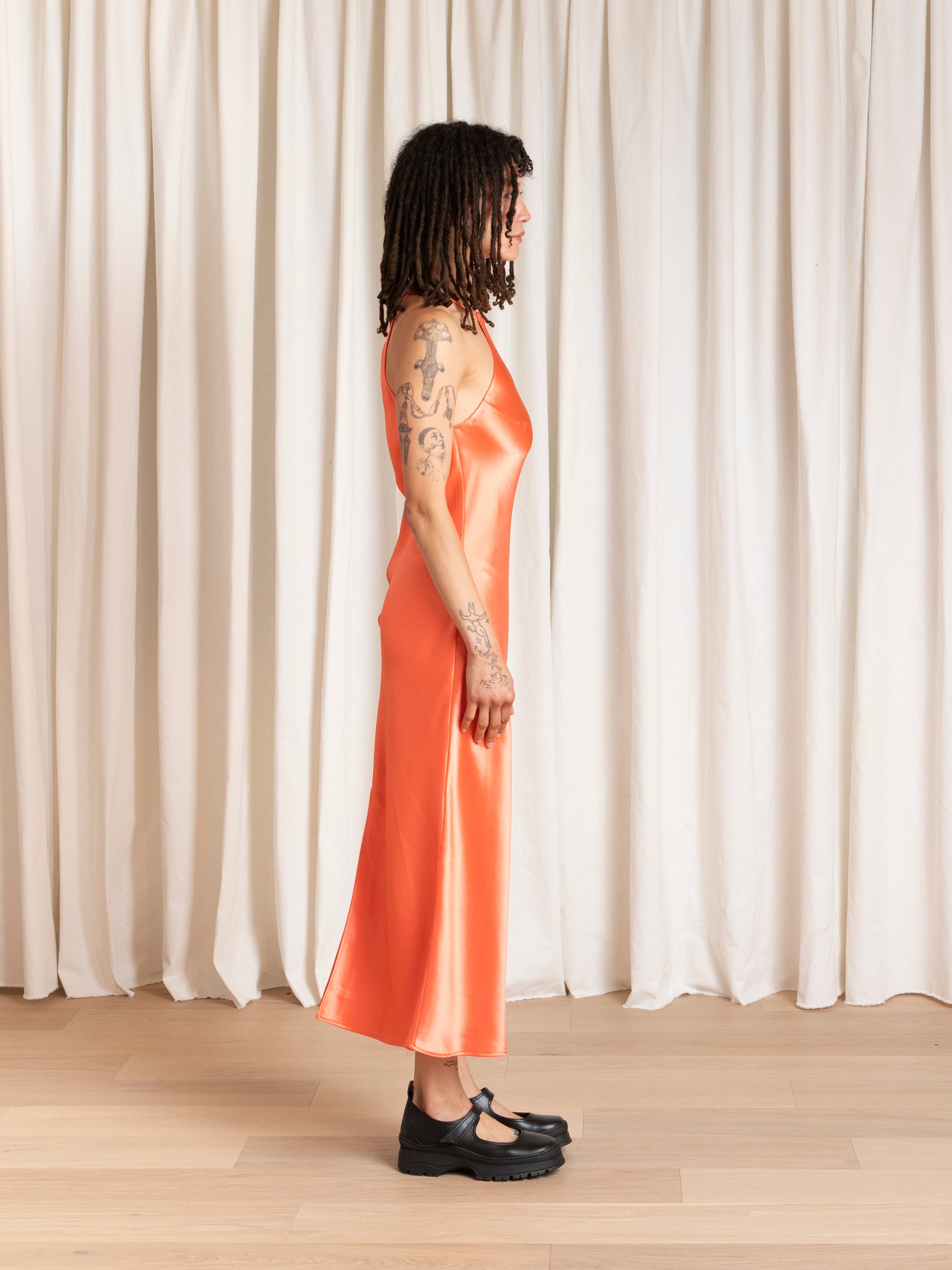 HIGH NECK BIAS DRESS - NEON ORANGE